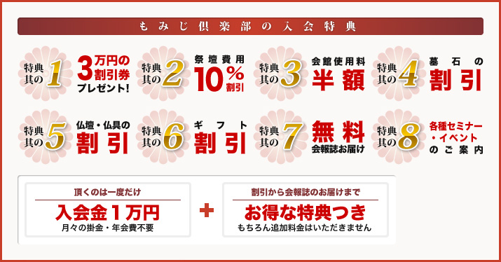 もみじ倶楽部の入会特典 特典其の1 3万円の割引券プレゼント！ 特典其の2 祭壇費用10%割引 特典其の3 会館使用料半額 特典其の4 墓石の割引 特典其の5 仏壇・仏具の割引 特典其の6 ギフト割引 特典其の7 無料会報誌お届け 特典其の8 各種セミナー・イベントのご案内